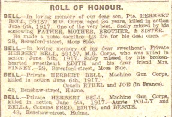 Herbert Bell Obit Manchester Evening News 02 July 1917