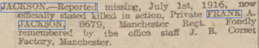 Jackson F A Manchester Evening News 16 September 1916