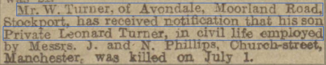 Turner L Manchester Evening News 15 July 1916